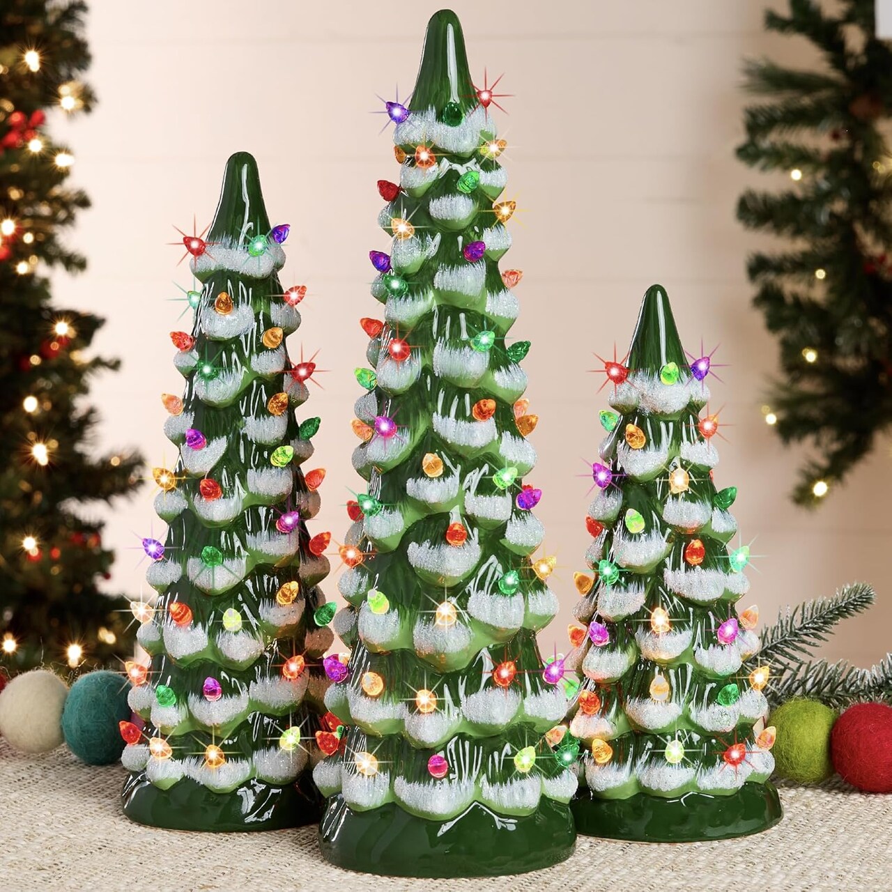 Set of 3 Ceramic Christmas Trees Pre-Lit Tabletop Décor with LED Lights